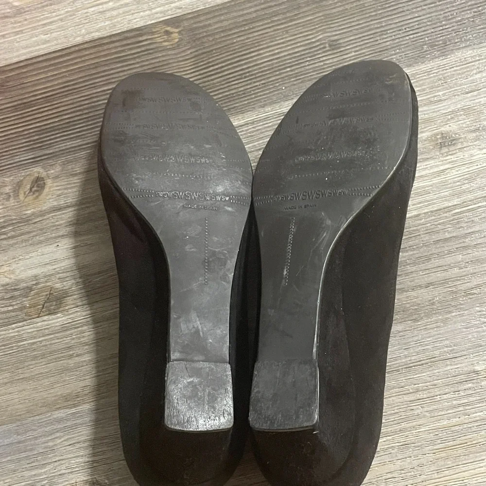 STUART WEITZMAN Womens Sz 7.5M Black Suede Wedge‎ Heel Shoes Silver Buckle - Picture 12 of 15